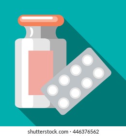 Pills in blister pack and bottle icon in flat style with long shadow