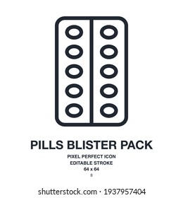 Pills blister pack editable stroke outline icon isolated on white background vector illustration. Pixel perfect. 64 x 64.