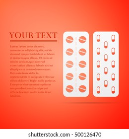 Pills in a blister pack flat icon on orange background. Adobe illustrator