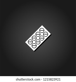 Pills blister pack icon flat. Simple White pictogram on black background with shadow. Vector illustration symbol