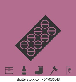 Pills blister pack icon flat. Simple vector grey pictogram and bonus symbol