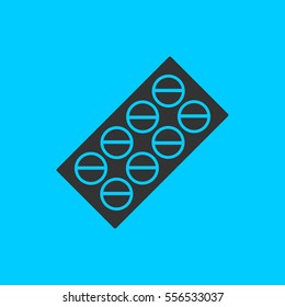 Pills blister pack icon flat. Simple vector black pictogram on blue background