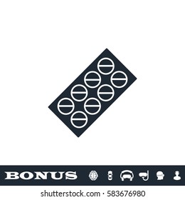 Pills blister pack icon flat. Black pictogram on white background. Vector illustration symbol and bonus button