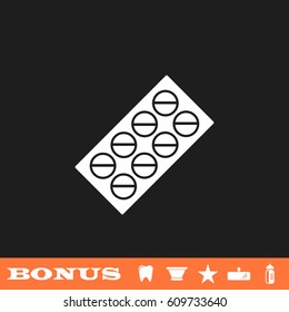 Pills blister pack icon flat. White pictogram on black background. Vector illustration symbol and bonus button tooth, vase, star, mirror, bottle