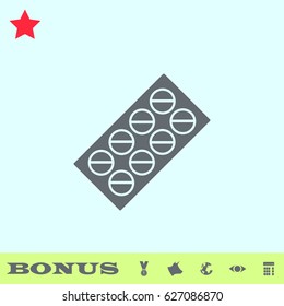 Pills blister pack icon flat. Grey pictogram on blue background. Vector illustration symbol and bonus buttons medal, cow, earth, eye, calculator
