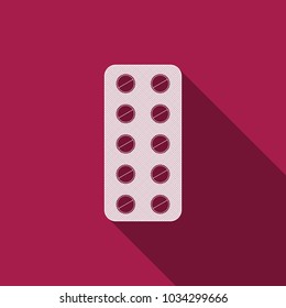 Pills in blister pack icon isolated with long shadow. Medical drug package for tablet: vitamin, antibiotic, aspirin. Flat design. Vector Illustration