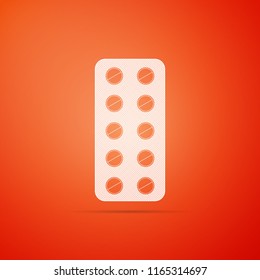 Pills in blister pack icon isolated on orange background. Medical drug package for tablet: vitamin, antibiotic, aspirin. Flat design. Vector Illustration