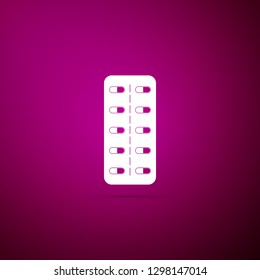 Pills in blister pack icon isolated on purple background. Medical drug package for tablet: vitamin, antibiotic, aspirin. Flat design. Vector Illustration