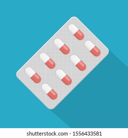 Pills in a blister pack isolated on white background. Vector illustration. Eps 10.