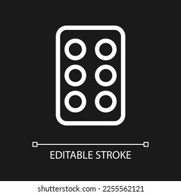 Pills in blister pack pixel perfect white linear ui icon for dark theme. Oral medication. Vector line pictogram. Isolated user interface symbol for night mode. Editable stroke. Arial font used