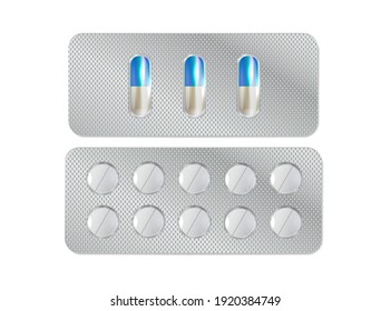 Pills in blister pack. Realistic pill blisters set.