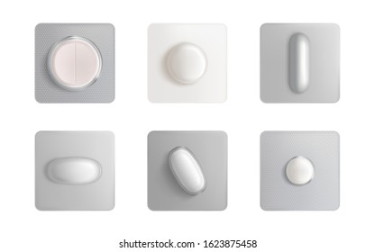 Pills blister pack set, medicine tablets and capsules mock up isolated on white background. Painkiller remedy package design elements for advertising medical Realistic 3d vector illustration, clip art