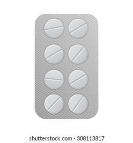 Pills blister pack. White tablets pills. Vector illustration isolated on white background