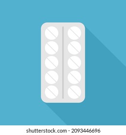 Pills in blister package with long shadow. Pharmacy, medicine, health care, cure, drug, addiction and illness concept. Flat design. Vector illustration. EPS 8, no gradients, no transparency