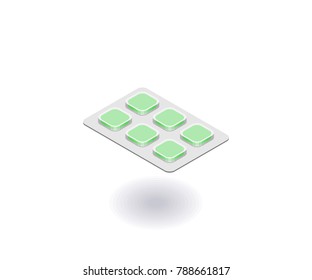 Pills blister, strip with tablets icon. Vector illustration in flat isometric 3D style.