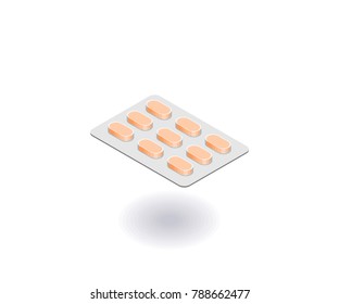Pills blister, strip with tablets icon. Vector illustration in flat isometric 3D style.