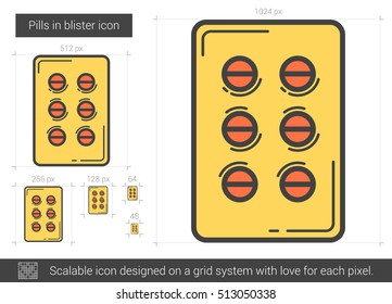 Pills in blister vector line icon isolated on white background. Pills in blister line icon for infographic, website or app. Scalable icon designed on a grid system.