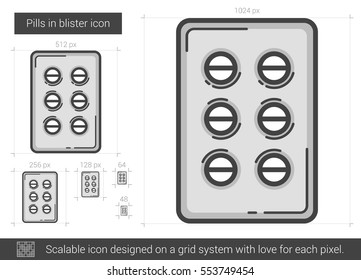 Pills in blister vector line icon isolated on white background. Pills in blister line icon for infographic, website or app. Scalable icon designed on a grid system.