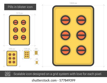 Píldoras en el icono de la línea vectorial del blister aislado en el fondo blanco. Píldoras en el icono de la línea del blister para infografía, sitio web o aplicación. Icono escalable diseñado en un sistema de cuadrícula.