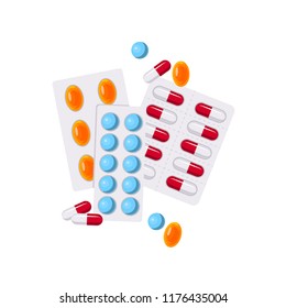 Pills in blisters on white background, vector icon in flat style