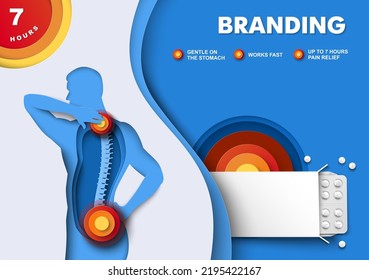 Píldoras para el dolor corporal, tratamiento de la enfermedad de artritis, publicidad vectorial. Plantilla de diseño de afiches, banners o páginas web de promoción de marca. Ilustración de promoción de Painkiller