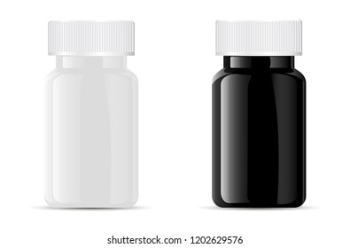 Pills bottle. Black and white medical glass or glossy plastic container for drugs, diet, nutritional supplements. Vector illustration isolated on white background.