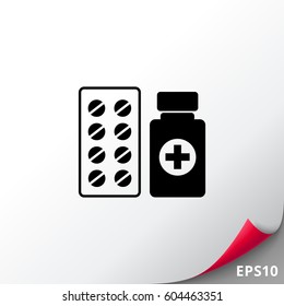 Pills and Bottle with Cross Icon