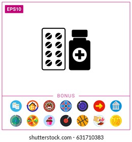 Pills and Bottle with Cross Icon