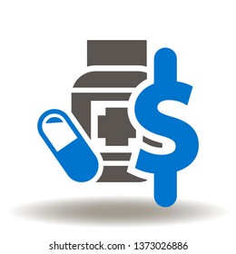 Pills Bottle Dollar Icon Vector. Pharmacy logo. Drugstore illustration. Healthcare insurance sign.