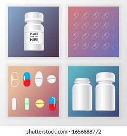 Pills bottle, drugs and seamless pattern with pills