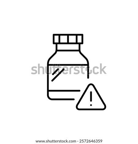 Pills bottle and exclamation mark in triangle. Medication warning. Potential side effects, drug safety and storage. Pixel perfect vector icon