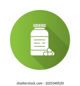 Pills bottle flat design long shadow glyph icon. Medications. Vector silhouette illustration