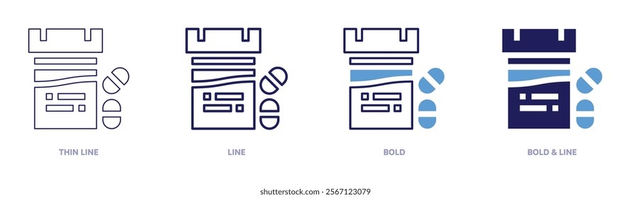 Pills bottle icon in 4 different styles. Thin Line, Line, Bold, and Bold Line. Duotone style. Editable stroke.