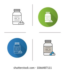Pills bottle icon. Medications. Flat design, linear and color styles. Isolated vector illustrations