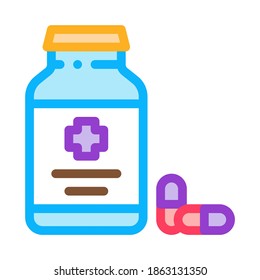 Pillen Flasche Symbol Vektorgrafik. Outline Pillen Flasche Schild. Illustration des isolierten Stumpfsymboles