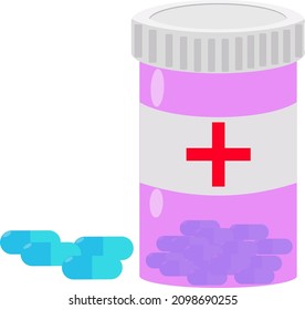 Píldoras en frasco, ilustración, vector sobre un fondo blanco.