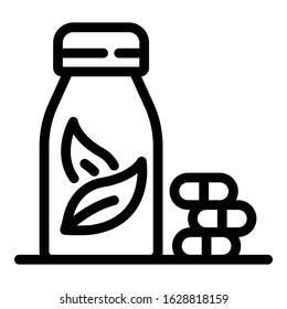 Pills and bottle with leaves icon. Outline pills and bottle with leaves vector icon for web design isolated on white background