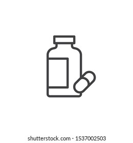 Pills bottle line icon. linear style sign for mobile concept and web design. Capsule medicine bottle outline vector icon. Drugstore symbol, logo illustration. Vector graphics