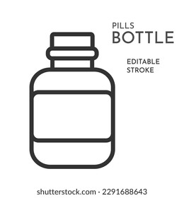 Pills bottle linear pictogram. Editable stroke. Isolated Vector Illustration. Prescription icon. Healthcare, medication and pharmacy concept. Medical container. Minimalist flat design