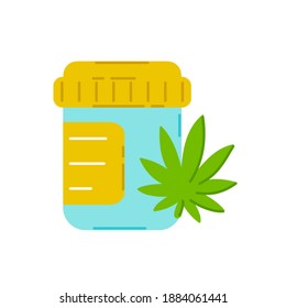 Botella de píldoras con hierba de marihuana. Icono de ilustración de línea plana de tendencia vectorial. Aislado sobre fondo blanco. Concepto de marihuana medicinal