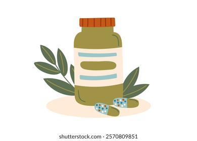 Pills bottle and natural organic pills, nutritional supplement isolated on white background. Concept of alternative medicine, healthcare and cure. Vector flat clipart.