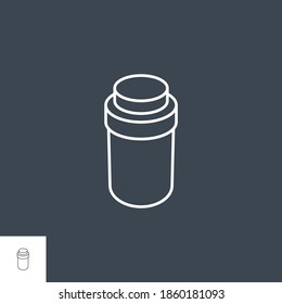 Pillen Flasche verwandte Vektorgrafik Symbol. Drogen. Einzeln auf schwarzem Hintergrund. Bearbeitbarer Stroke.