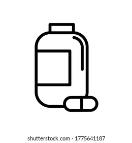 Pills bottle simple black and white outline icon. Capsule medicine bottle, drugstore symbol, logo. Flat vector illustration. Isolated on white background.