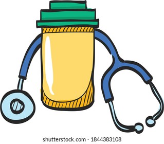 Pills bottle stethoscope icon in color drawing. Vitamin medicine drugs painkiller addiction doctor instrument