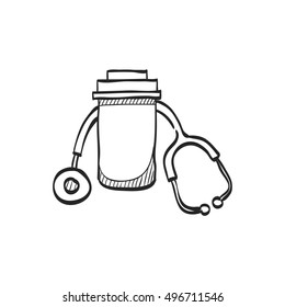 Pills bottle stethoscope icon in doodle sketch lines. Vitamin medicine drugs painkiller addiction doctor instrument