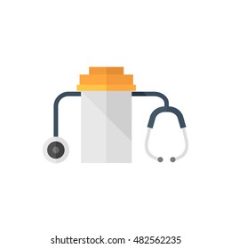 Pills bottle stethoscope icon in flat color style. Vitamin medicine drugs painkiller addiction doctor instrument 