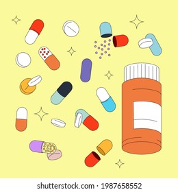 Pills bottle tablets, and capsules vector illustrations. Modern retro flat design isolated on pink background. Pharmaceutical and drugs concept.