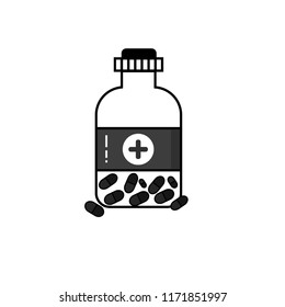 Pills in the bottle vector icon on white background. Medicine and healthcare elements. Medicaments, drugs, vitamins and treatment. Illness and health concept. Pharmacy symbol. Flat simple line design.