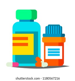 Pills Bottle Vector. Medical Capsules Container. Pharmacy, Drug. Isolated Cartoon Illustration