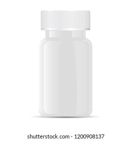 Pills bottle. White medical glass or glossy plastic container for drugs, diet, nutritional supplements. Vector illustration isolated on white background.